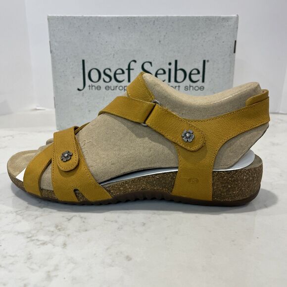 Josef Seibel NEW Comfort Sandals Yellow Leather Wedge Strappy Cork EU 42 US 11 - Picture 5 of 15